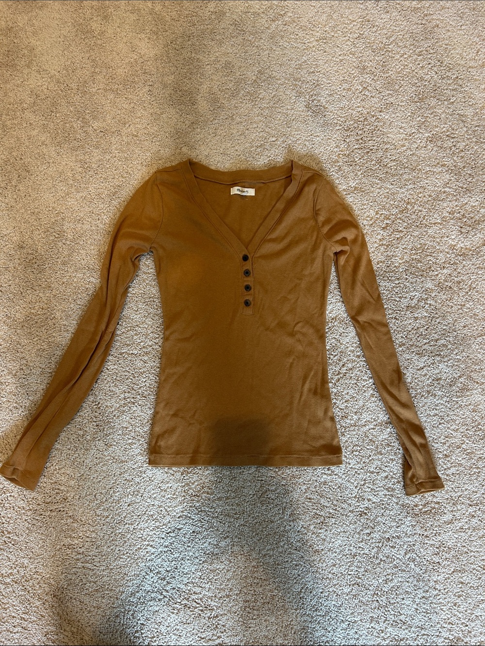 Madewell Long Sleeve Button V-Neck Top — Caramel Brown